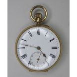 A late 19th century Swiss 14k gold cased pocket watch, keyless wind, white enamel dial with black