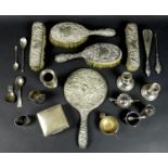 A group of Victorian and later silver items, including a three piece cruet set, cigarette case, 8.