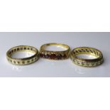 Two 9ct gold wedding bands, each studded with small white stones, size R and size M, together with a