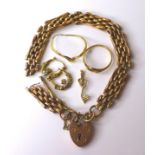 A group of 9ct gold jewellery, comprising a gatelink bracelet, a/f, a pair of earrings, and gold and