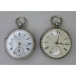 Two Victorian silver cased key wound pocket watches, both with white enamel dials, black Roman