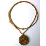 A Victorian gold sovereign, 1894, in 9ct gold mount with 9ct gold chain necklace, 56cm long, 19.2g