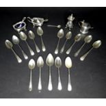 A group of seven Georgian silver teaspoons, together with eight other later silver teaspoons, an