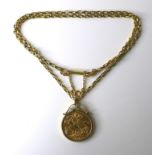 A George V gold sovereign, 1913, in a 9ct gold mount and 9ct gold chain necklace, 50cm long, 16.2g