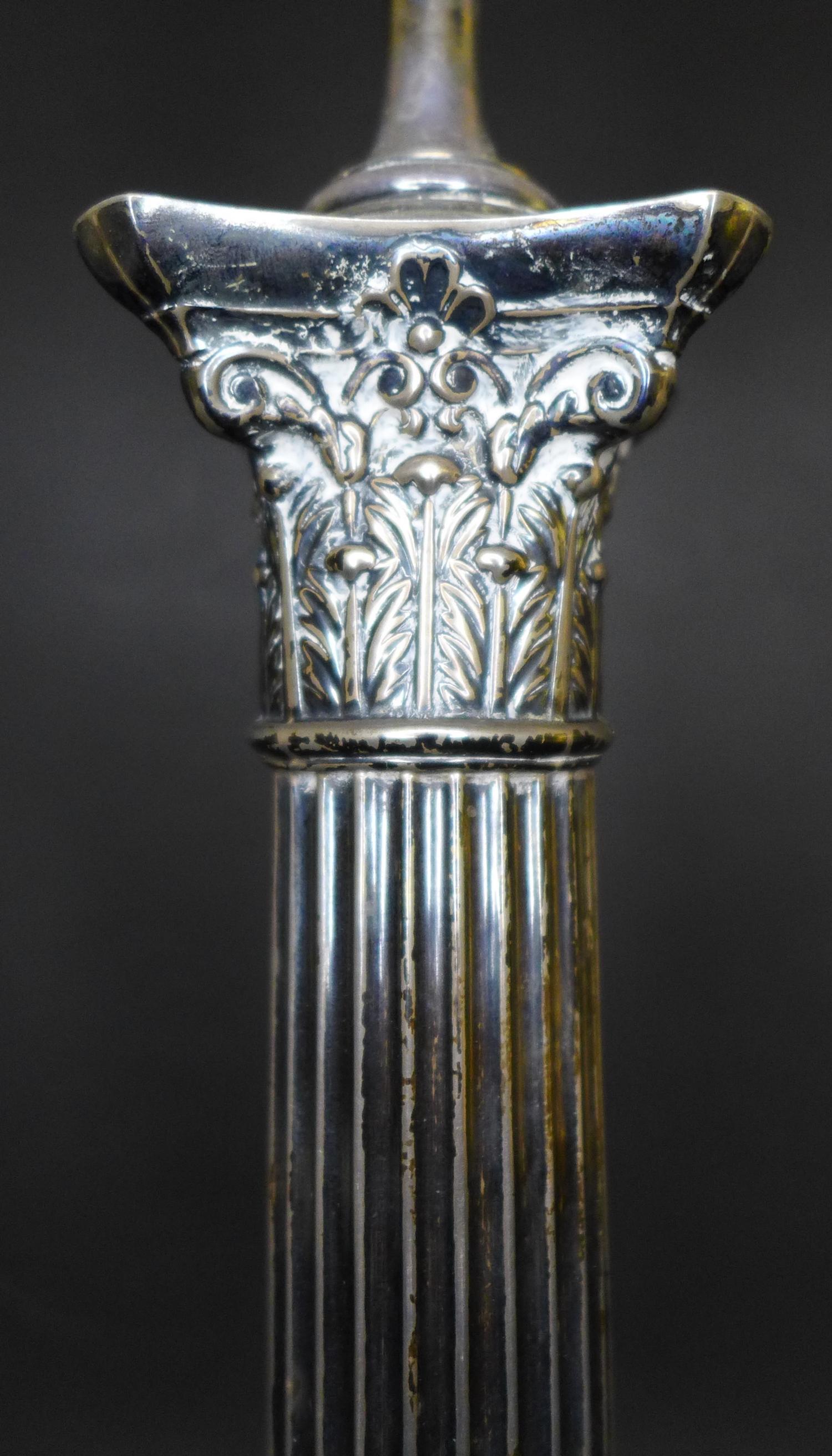 A George V silver Corinthian column form lamp base, with square form plinth, weighted base, - Image 4 of 9