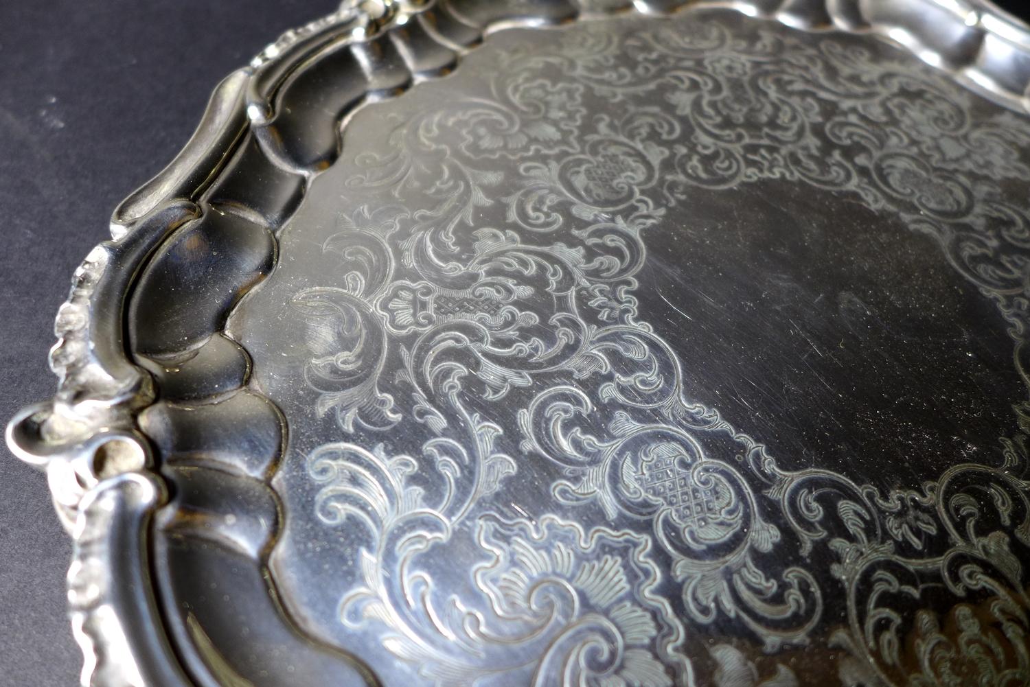 A Victorian silver salver tray, of circular Rococo form with Chippendale pie crust and C scroll rim, - Image 5 of 7