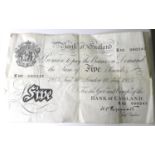 A Bank of England 'Peppiatt' white £5 note, serial K02 090247, dated London 18th August 1945.