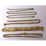 A group of 9ct gold chains, comprising three necklaces and a bracelet, one necklace measuring 45cm