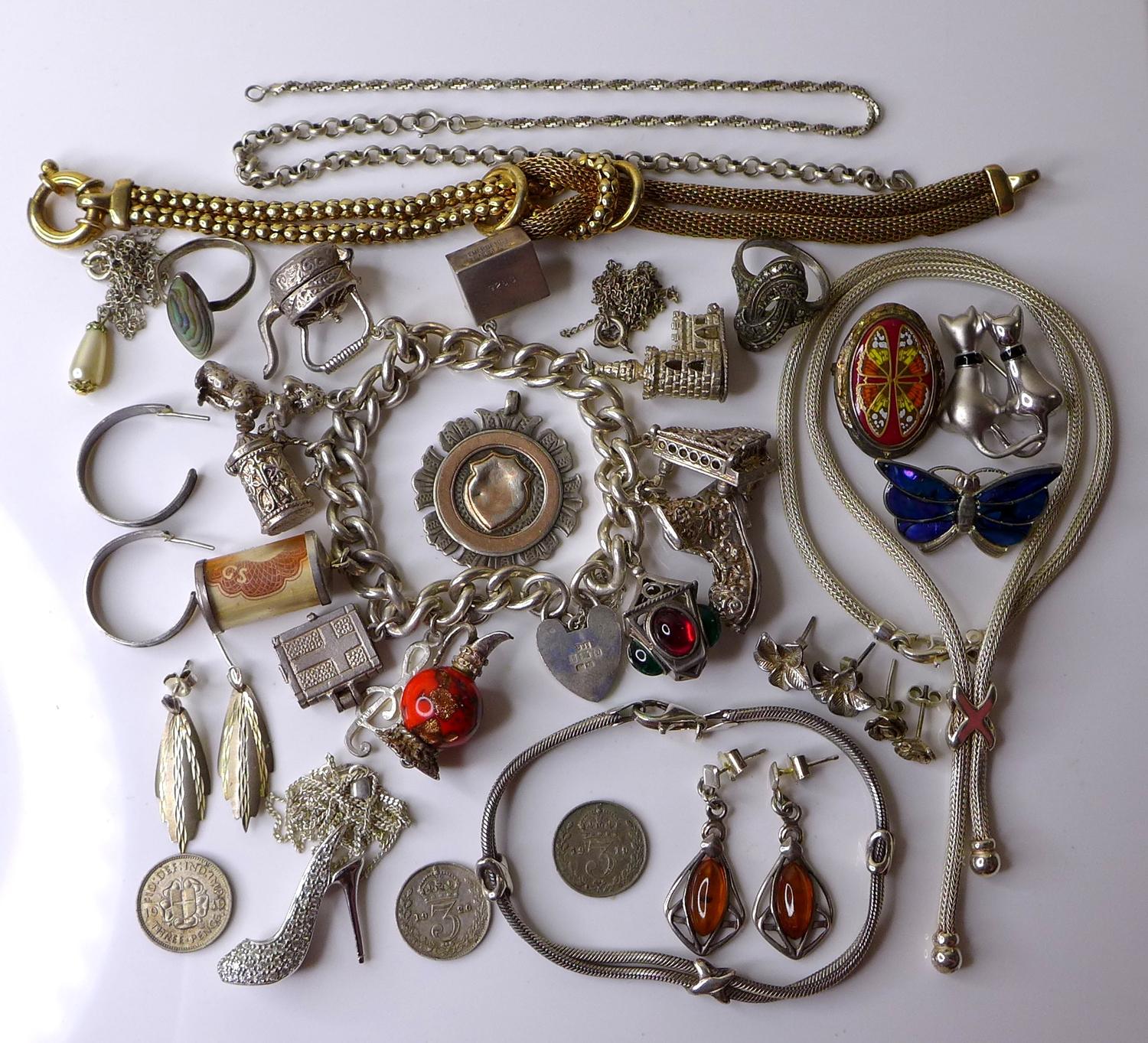 A group of vintage and later silver jewellery, including a silver gilt rope necklace, a similar