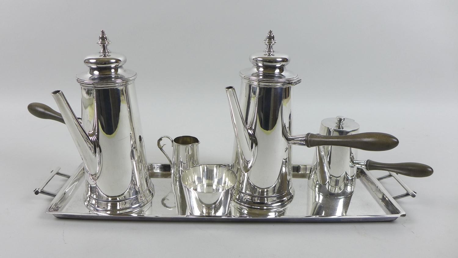 A mid 20th century silver plated hot chocolate set, by William Hutton & Sons, of tapering