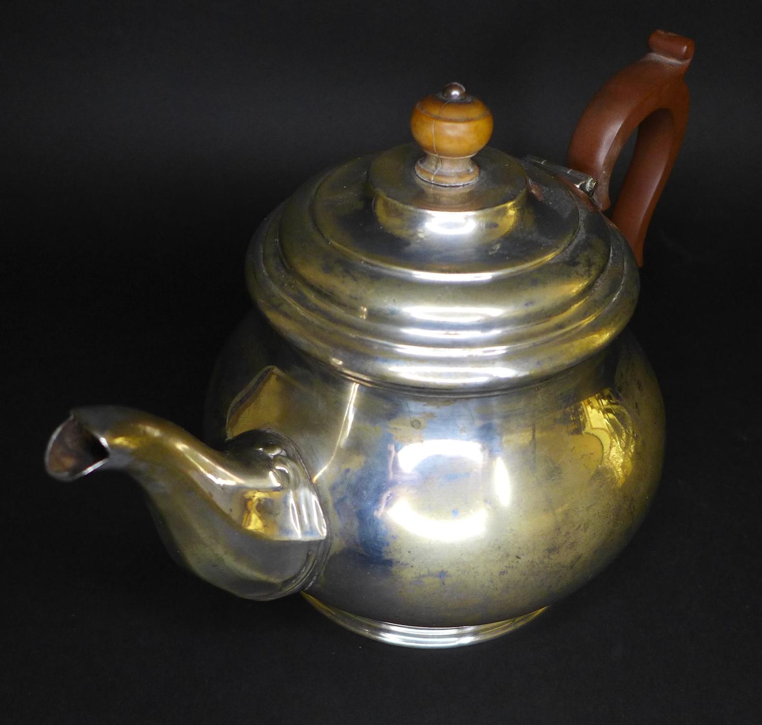 A George V silver teapot, of squat circular form, with ebonised handle and walnut finial, Adie Bros, - Image 3 of 9
