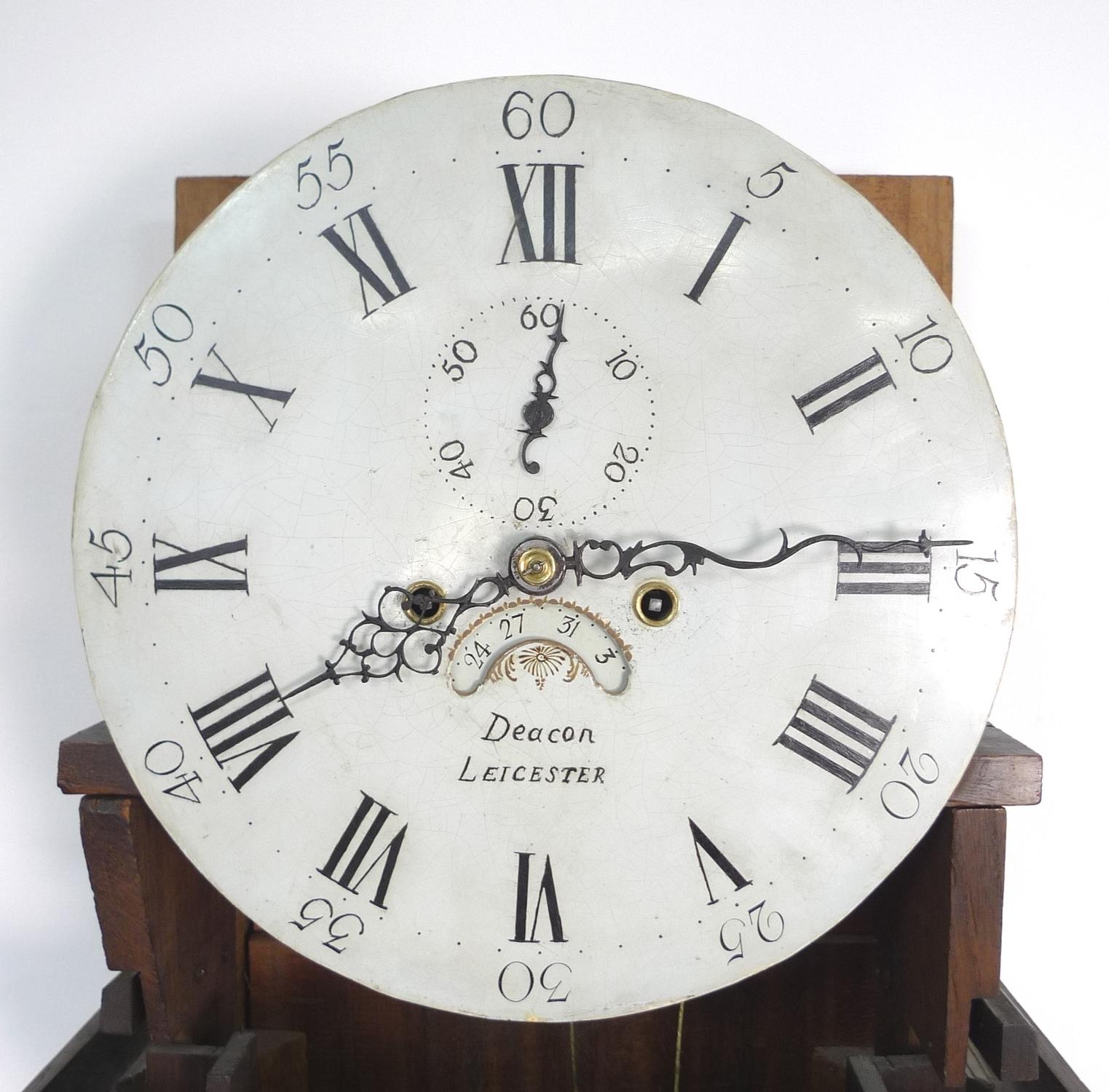 An early 19th century mahogany and oak long case clock, circular white enamel dial signed Deacon - Image 2 of 4