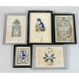 A group of five Victorian valentine postcards, each glazed and framed. (5)