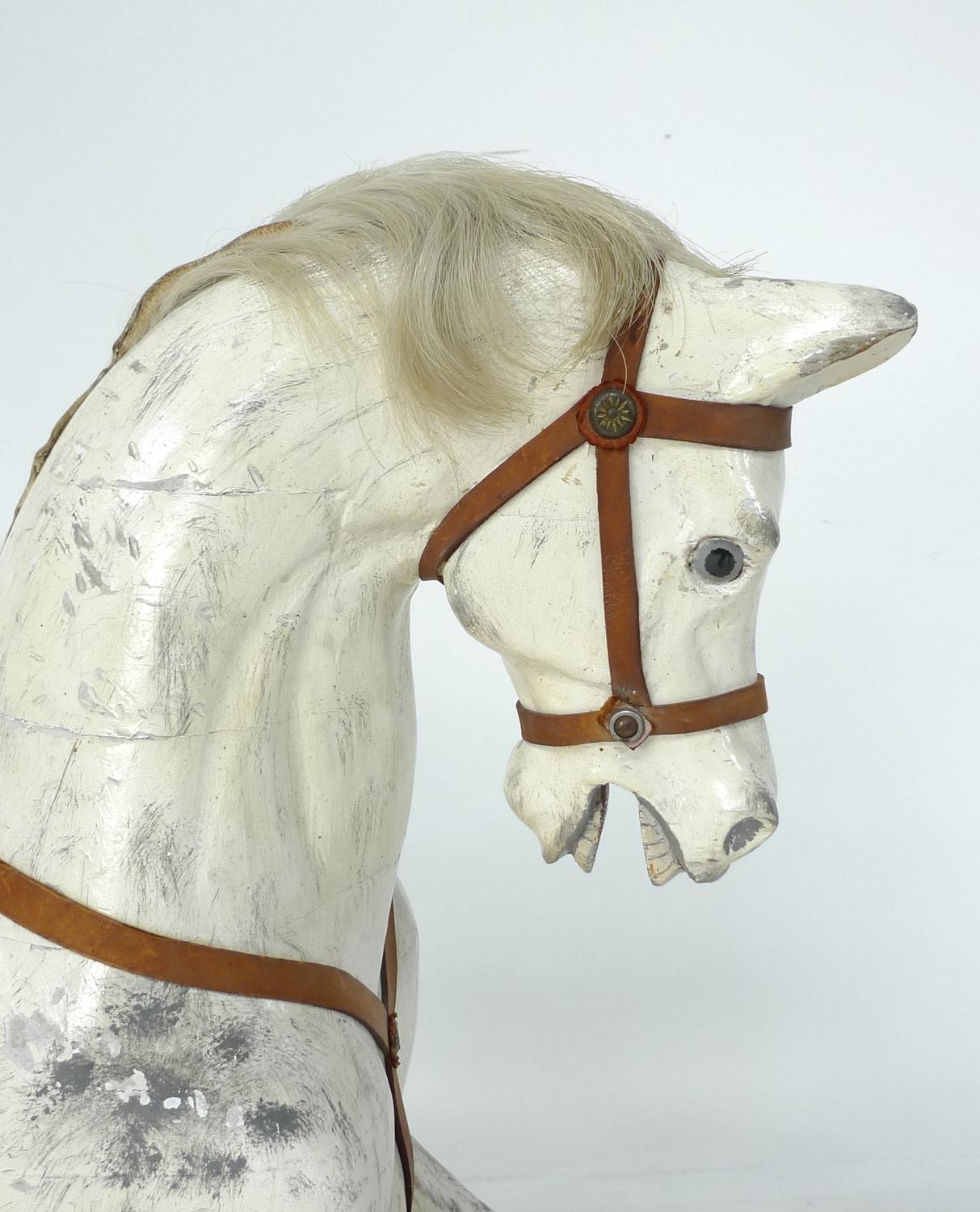 An Edwardian G & J Lines extra carved rocking horse, painted dapple grey horse with brown leather - Image 3 of 5