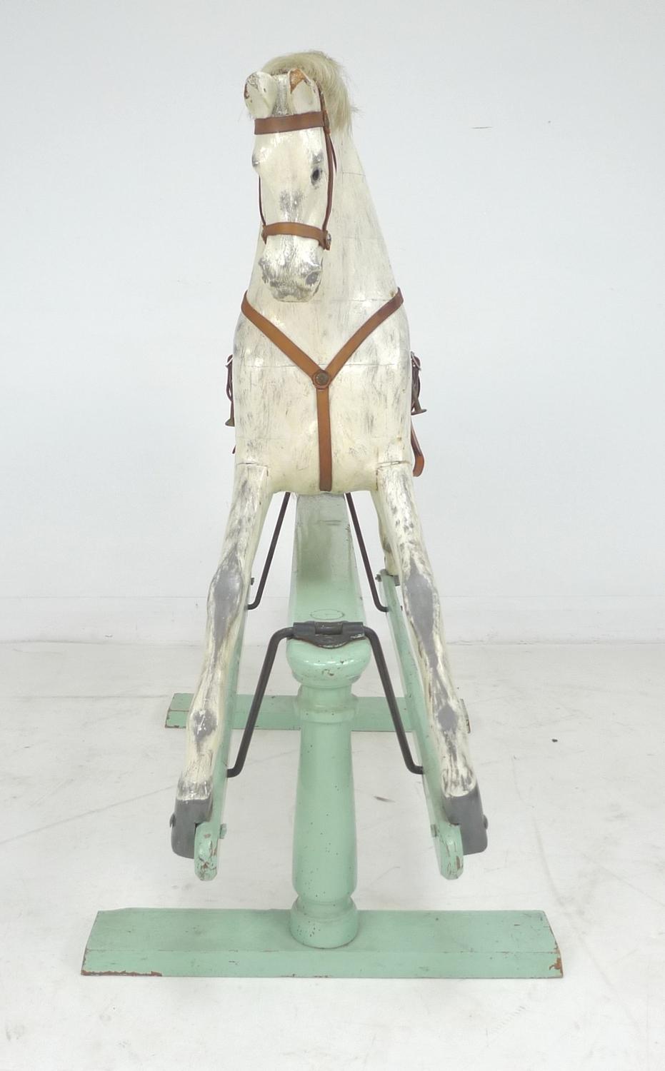 An Edwardian G & J Lines extra carved rocking horse, painted dapple grey horse with brown leather - Image 4 of 5