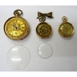 A lady's 18ct gold cased, keyless wind, openfaced fob watch, with a gilt jewelled cylinder movement,