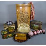 Collectables, including; biscuit tins, wooden boxes, lamps, tole peinte stick stand,