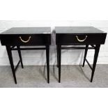 A pair of mid-20th century ebonised single drawer bedside tables on tapering square supports,