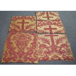 Five damask panels, gold and burgundy coronet floral vases and cross,