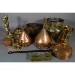 Metalware, comprising; a quantity of copper and brass vases and bowls, a pair of candlesticks,