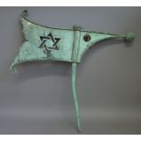 A late 19th century copper verdigris weather vane, with flag finial,