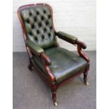 A William IV and later mahogany framed open armchair, with integral footstool, on turned supports,