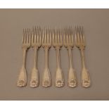 Six Victorian silver double struck fiddle, thread and shell pattern dessert forks,