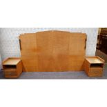 A 1930s satin birch arch top double headboard with integral light fittings and single drawer side