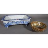 An Asian blue and white rectangular jardiniere and a Satsuma bowl, (qty).