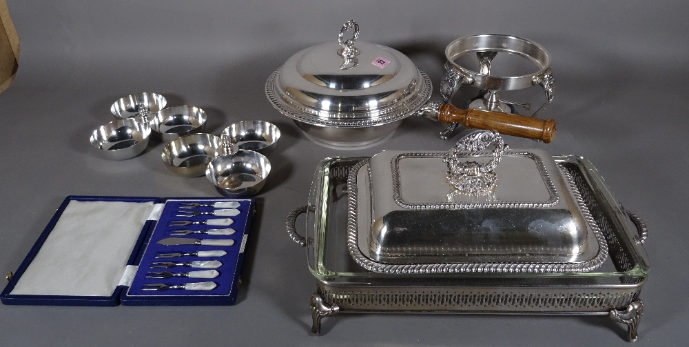 A silver plated warming pan and cover, a lidded entree dish,