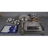 A silver plated warming pan and cover, a lidded entree dish,