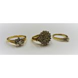 A 9ct gold and diamond set cluster ring, in a stepped design, a 9ct gold ring,