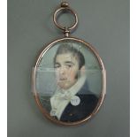 An early 19th century Anglo-Irish school portrait on miniature of a young man, white stock,