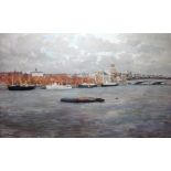 British School (20th century), View on the Thames towards St Pauls and Blackfriars Bridge,