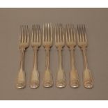 Six William IV fiddle, thread and single struck shell pattern dessert forks,
