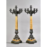 A pair of French marble and bronze mounted six branch candelabra, late 19th century,
