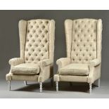 A pair of 20th century diamante studded high wingback armchairs, on turned silvered supports,