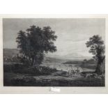 After Claude Lorraine, Classical figures in a landscape, engraving by Woollett, 55cm x 78cm.
