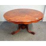 A Victorian figured walnut circular snap top centre table on carved tripod base,