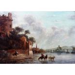 Continental School (19th century), Horses watering by a riverside castle, oil on panel, 20.5cm x 27.