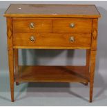 A 20th century French fruitwood side table with two short and one long drawer on tapering supports,