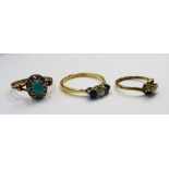 A gold and platinum, sapphire and diamond set three stone ring,