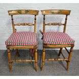 A set of five floral polychrome painted side chairs on turned supports, 40cm wide x 81cm high (5).