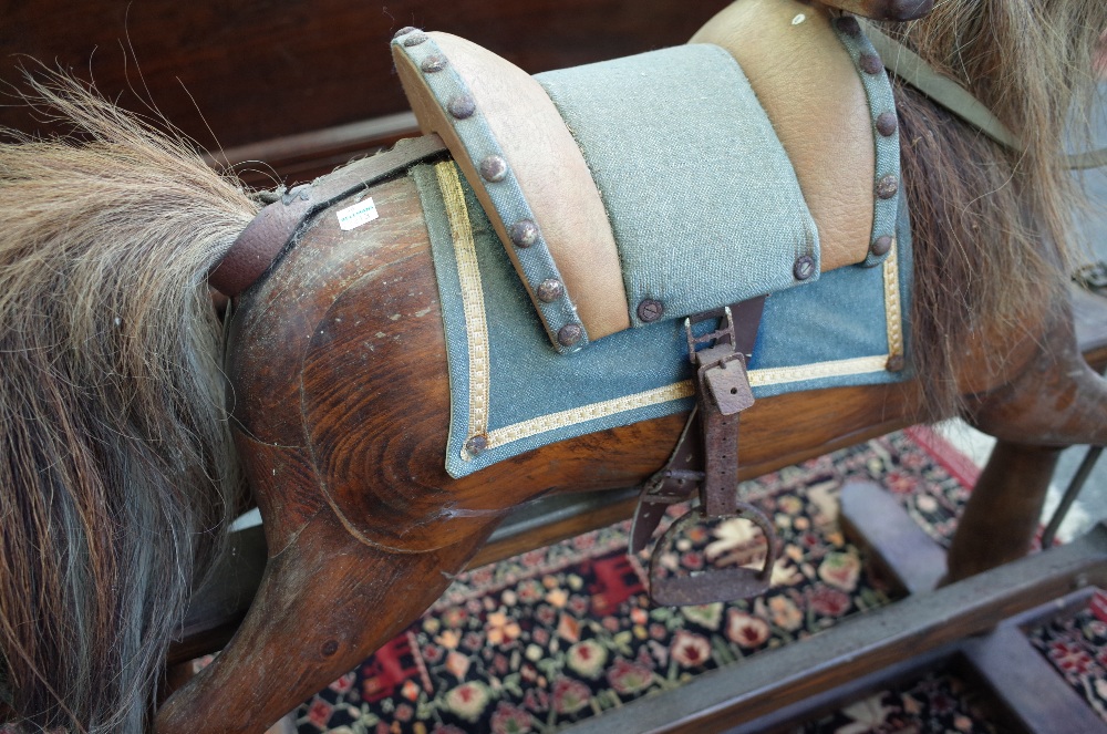 An early 20th century stained pine rocking horse on a wrought iron and stained pine swing frame - Image 7 of 7
