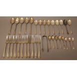 Silver rat tail pattern table flatware, comprising; five tablespoons, eleven table forks,