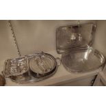 A group of plated wares, comprising; a twin handled oval gallery tray, two further gallery trays,