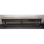 A large 19th century and later grey painted pine six drawer dresser base with pot board undertier,