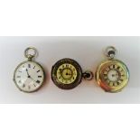 A silver cased, keyless wind, half hunting cased fob watch, with a gilt jewelled lever movement,