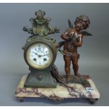 A French spelter and marble figural mantel clock, late 19th century, titled 'Enfant aux Cymbales',