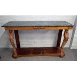 An 18th century style marble top console table on dual monopodia supports, 152cm wide x 92cm high.